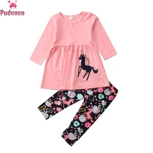 Модный милый комплект из двух предметов, одежда для маленьких девочек топы с длинными рукавами и изображением единорога+ штаны с цветочным принтом комплект одежды из 2 предметов