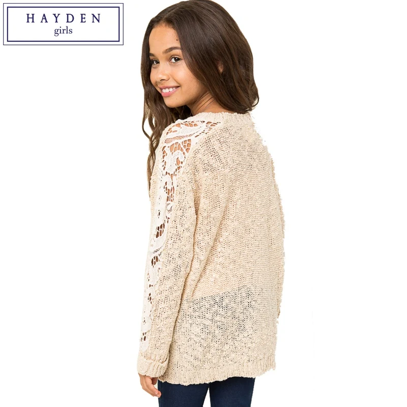 

HAYDEN Girls Spring Sweater Tops Pullover Oversize Knitted Top for Kids Long Sleeve Loose Fit Teenage Girl Sweater Lace Trim