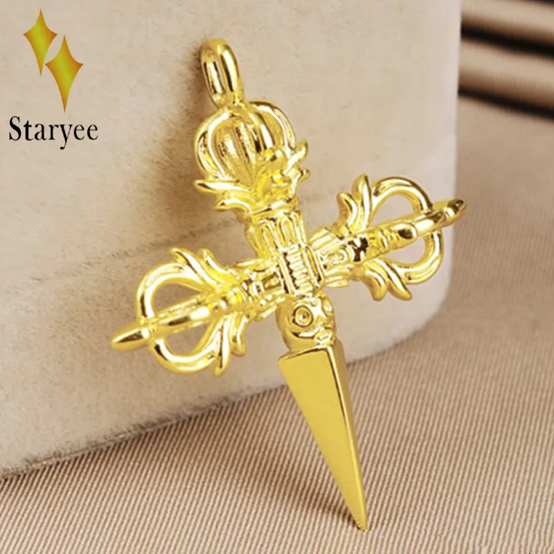 

Real 18K Solid Yellow Gold Buddhism Religious Vajra Cross Dorje Phurba 3D Amulet Chain Necklace Pendant Jewelry For Men/Women
