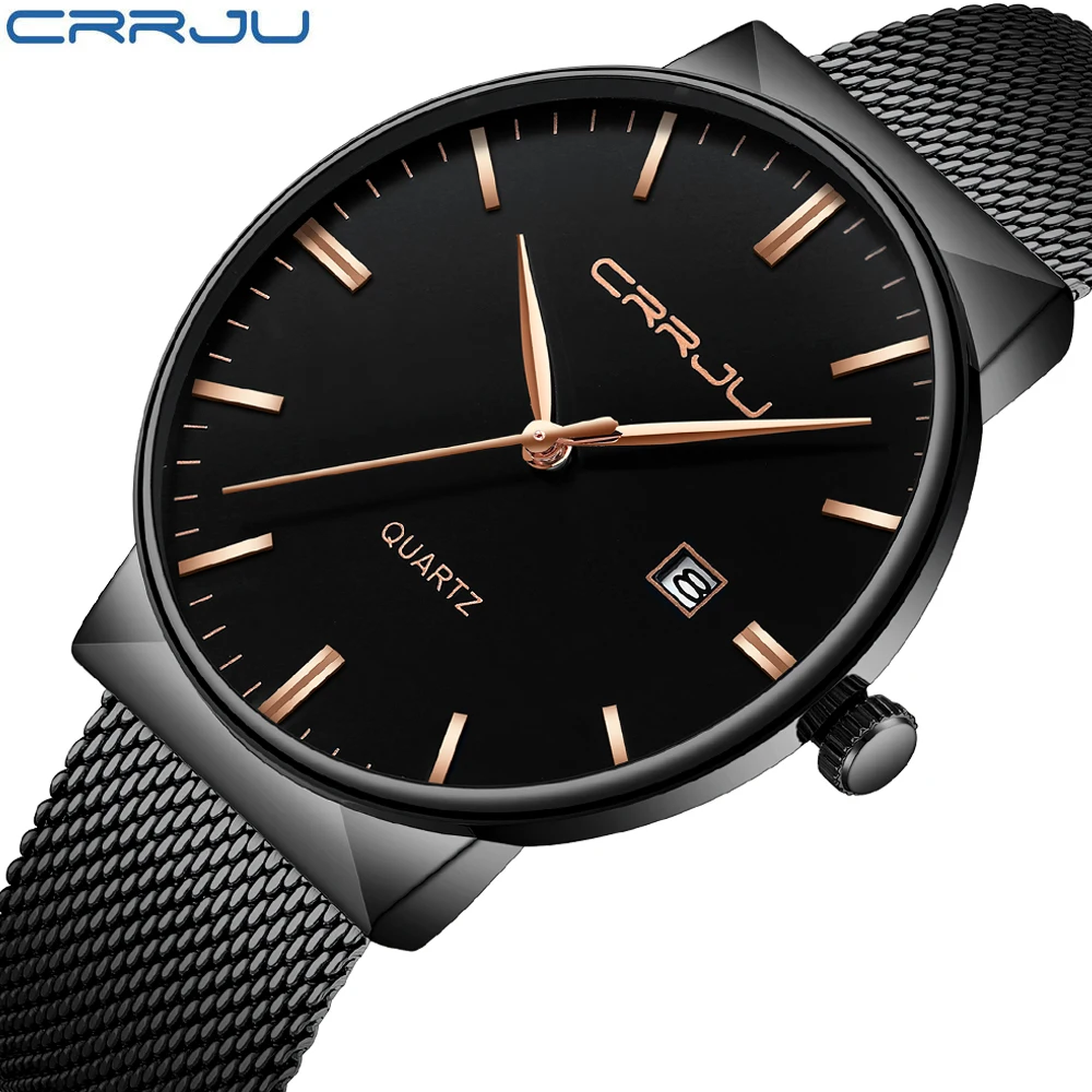 

Top Luxury brand CRRJU 2018 New Watches men Stainless Steel Mesh strap Quartz-watch Ultra Thin Dial Clock man relogio masculino