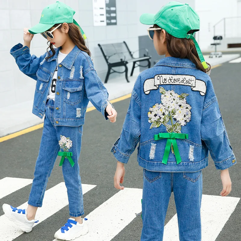Комплект детской одежды костюмы для девочек Джинсовая куртка + джинсы весенне-осенний костюм из 2 предметов Детский костюм для подростков