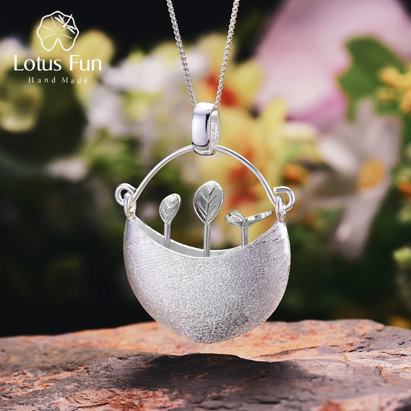 Lotus Fun S925 Sterling Silver Necklace Pendant Handmade Unique Jewelry for Women and Girls My Little Garden Design Pendant with Necklaces Link Chain Length 17inches,Gift Packed 