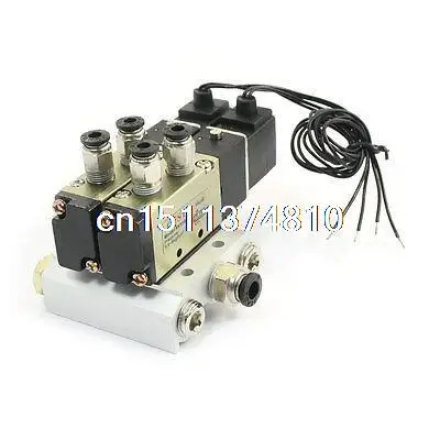 

4V110-06 DC12V 5 Way Dual Solenoid Valve Mufflers Base Quick Fittings Set