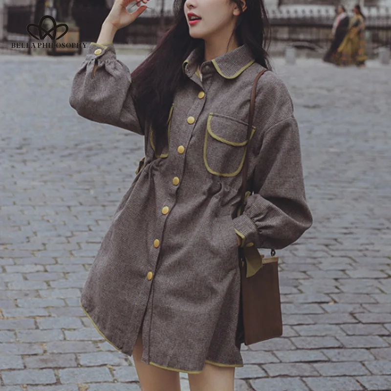 Wonder 2018 new Winter Korean version Loose waist Coat long plaid fur coat Woolen Windbreaker Women Thin Overcoat tops