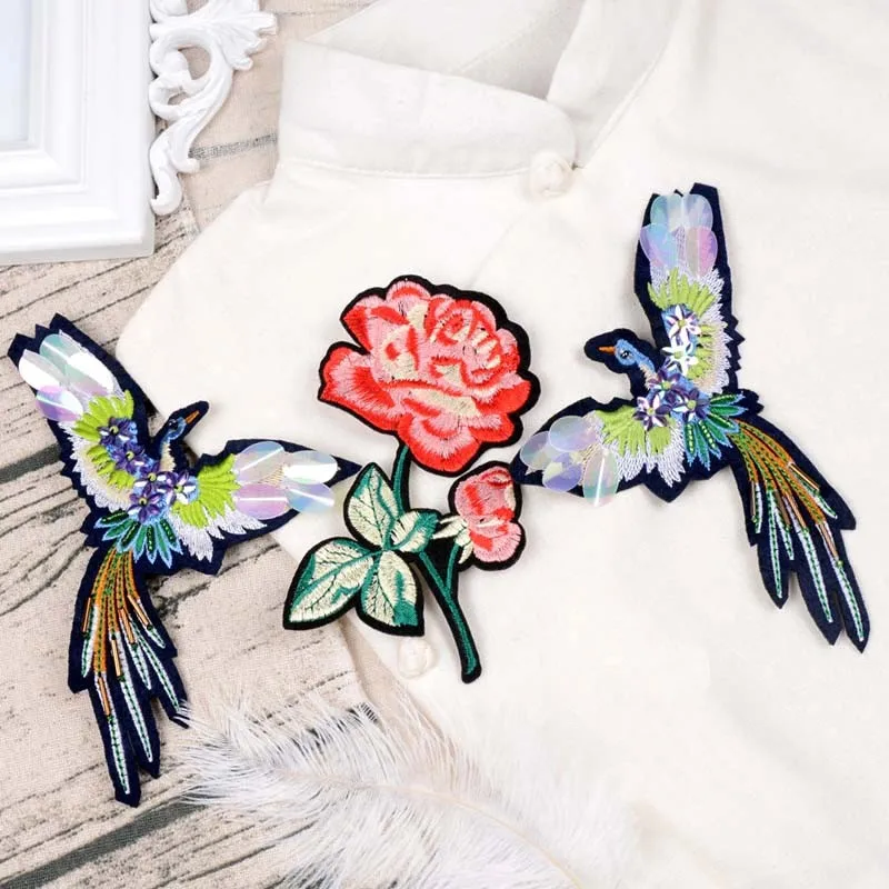 

bird flower sequins rhinestone beaded patches embroidered sew on patch applique jacket patches for clothing parches para la ropa