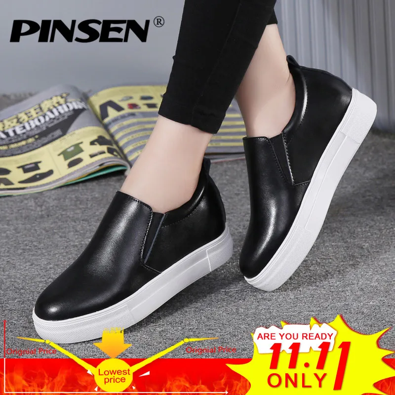 

PINSEN 2018 Autumn Women Flats Shoes Genuine Leather Slip-on Platform Height Increase Ladies Oxfords Shoes for Womens Creepers