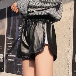 2019 Новый из искусственной кожи шорты Для женщин черный Высокое качество короткие штаны с карманами Свободное длинное платье с длинными