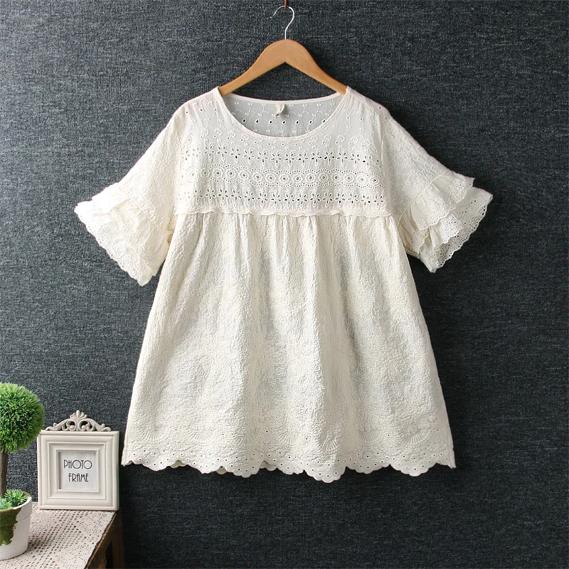 

Summer Womens Clothing Sweet Mori Girl Embroidered Pullover Lace Short-sleeved Cotton Shirt Top Female Casual Blouse Tunic Shirt