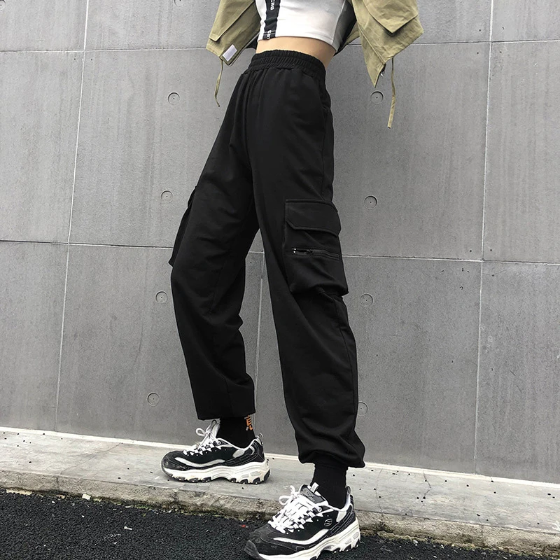 Fitshinling Pockets black cargo pants for women zipper loose high waist black trousers bottoms wear streetwear fashion sweatpant