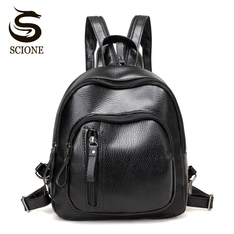 Scione Black Leather Backpack Small Cute PU Shoulder Bag Multifunction Mini Backpack Waterproof ...