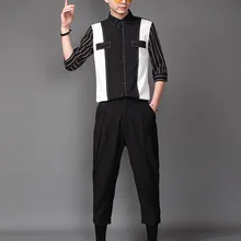 M-2XL! Летняя мужская полосатая рубашка хипстер стилист волос Британский черный и белый коллаж Повседневная пятиконечная рубашка с рукавом