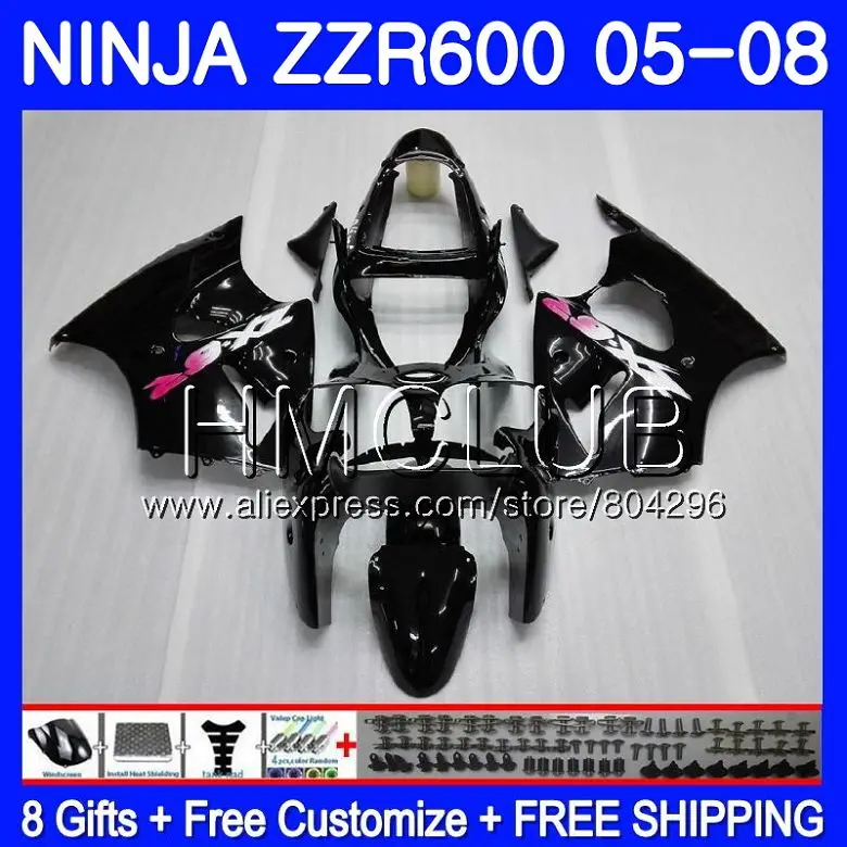 Глянцевый черный Кузов для Kawasaki NINJA 600CC ZZR600 05 06 07 08 34HM. 1 ZX600CC ZZR-600 ZZR 600 2005 2006 2007 2008 Обтекатели