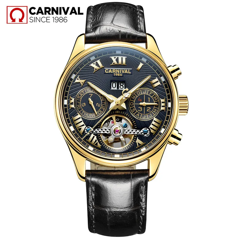 

CARNIVAL Business Mechanical Watches Mens Skeleton Tourbillon Automatic Watch Men Gold Steel Calendar Waterproof Relojes Hombre