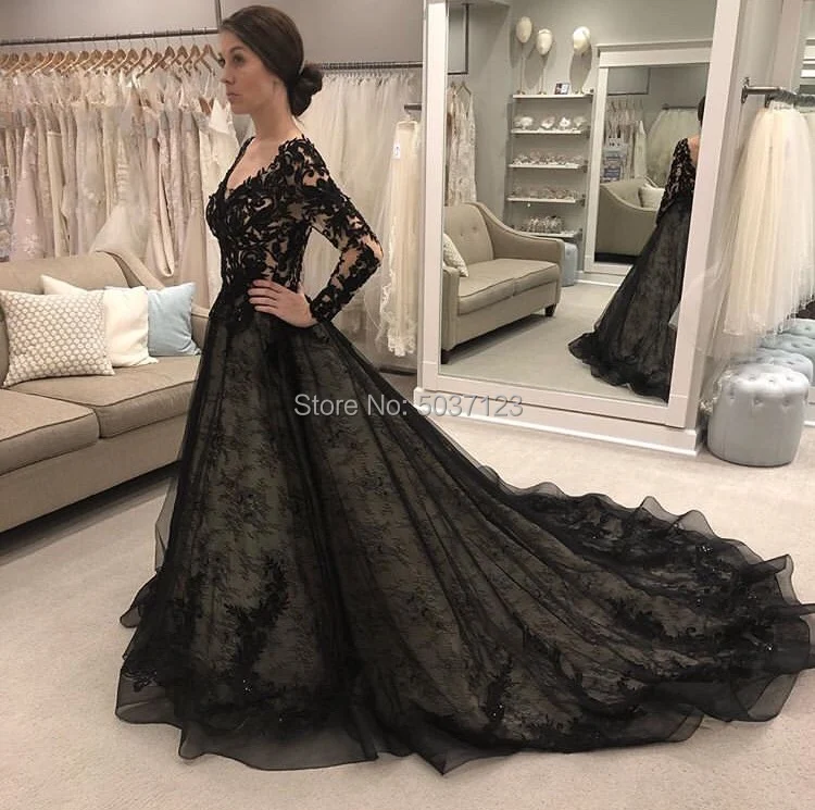 

Black Wedding Dresses Long Sleeves Double V Neck Lace Bridal Gowns A-line Appliques Beaded Long Sleeves Vestido De Noiva
