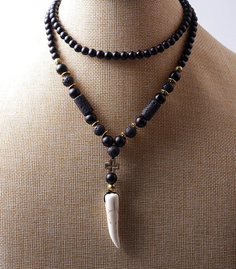 Black BLava Stones Bead with Hematite cross charm pendant necklace - Image 6