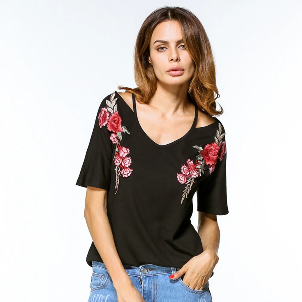 Sexy half sleeve black embroidery blouse shirt women V neck patchwork