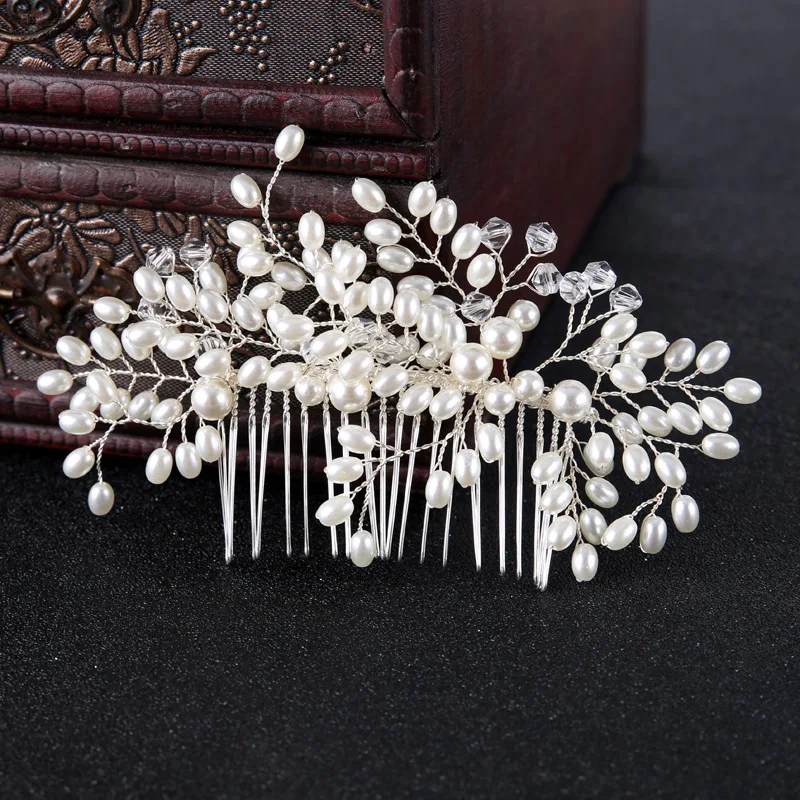 

Hot Bride Hair Accessories 100% Handmade Pearl Wedding Hair Jewelry Party Pom Bridal Silver Hair Comb Pearls Tiara