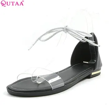 

QUTAA 2018 Women Sandals Fashion PU Leather All Match Leisure Flats Platform Lace Up Westrn Style Women Sandals Size 34-43