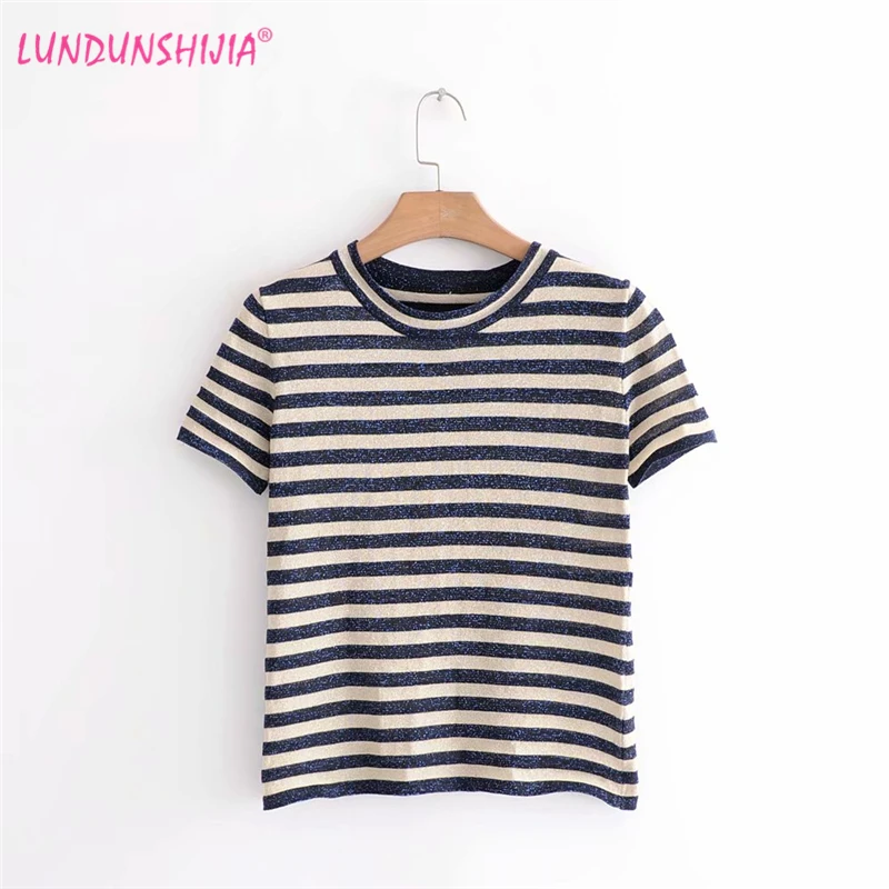 

LUNDUNSHIJIA 2019 Spring Summer Women T-Shirts Knitting Stripe Short Sleeve Elasticity Slim Tees Top Famale T-shirt