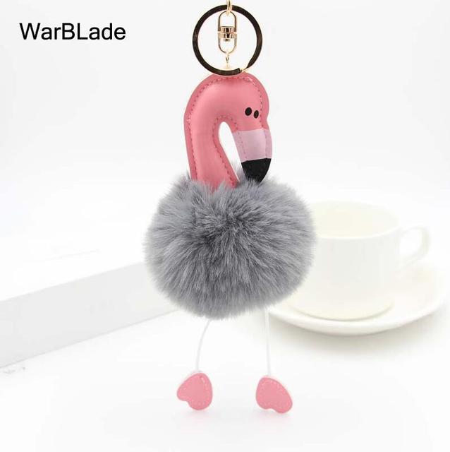 New Flamingo Pompom Keychain Fluffy Fake Rabbit Fur Ball Key Chain Porte clef Women Car Bag pompon Key Ring Accessories