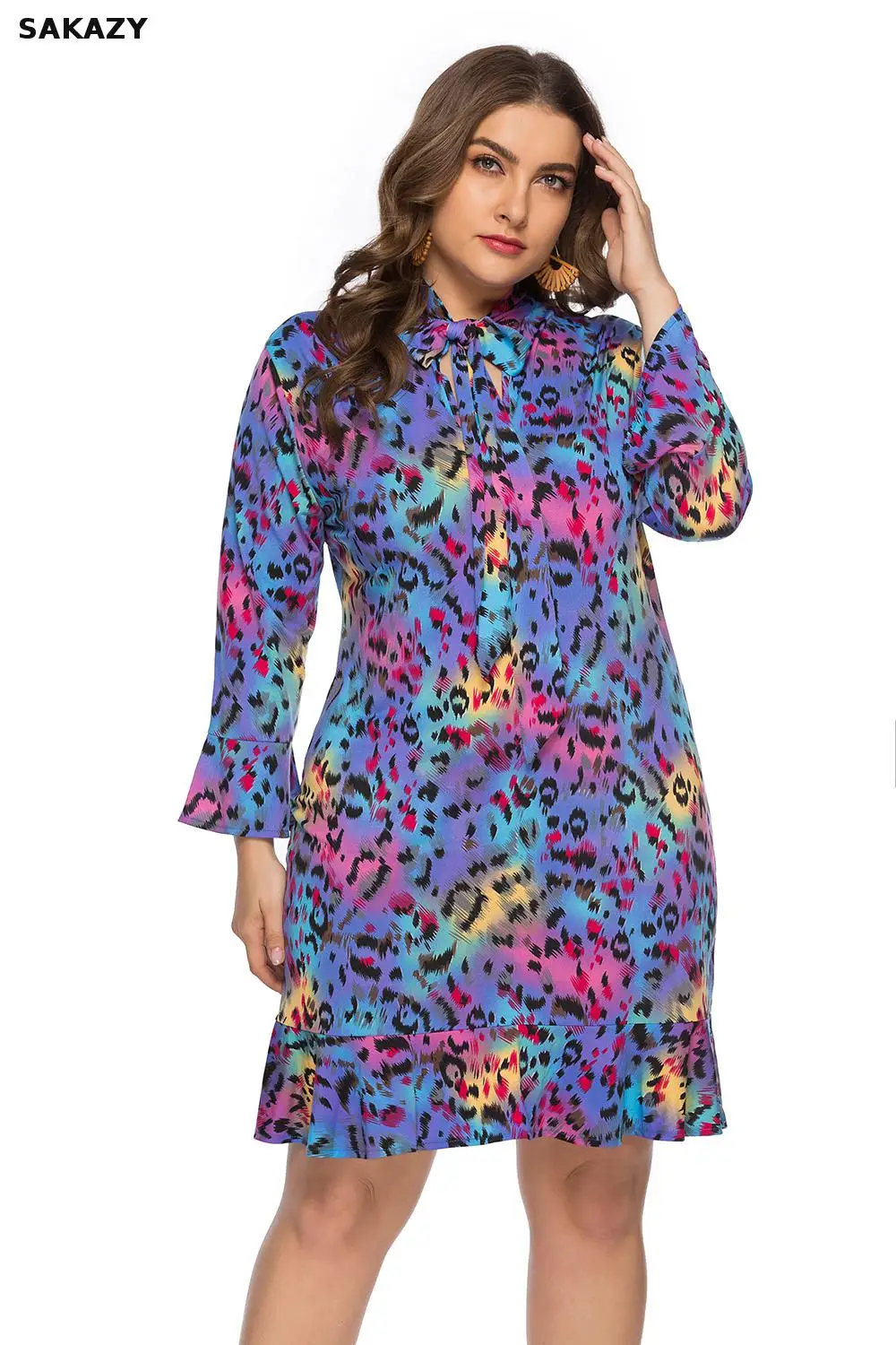 2019 Spring Summer Plus Size Floral Print Chiffon Women Dress Long Sleeve Elegant Loose Casual
