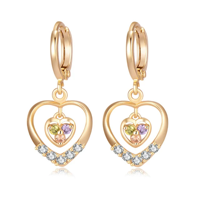 New Arrivals Multicolor Crystal Paved Heart Charms Yellow Gold Color New Arrivals Multicolor Crystal Paved Heart Charms Yellow Gold Color Hoop Earrings Party Costume Jewelry Gift