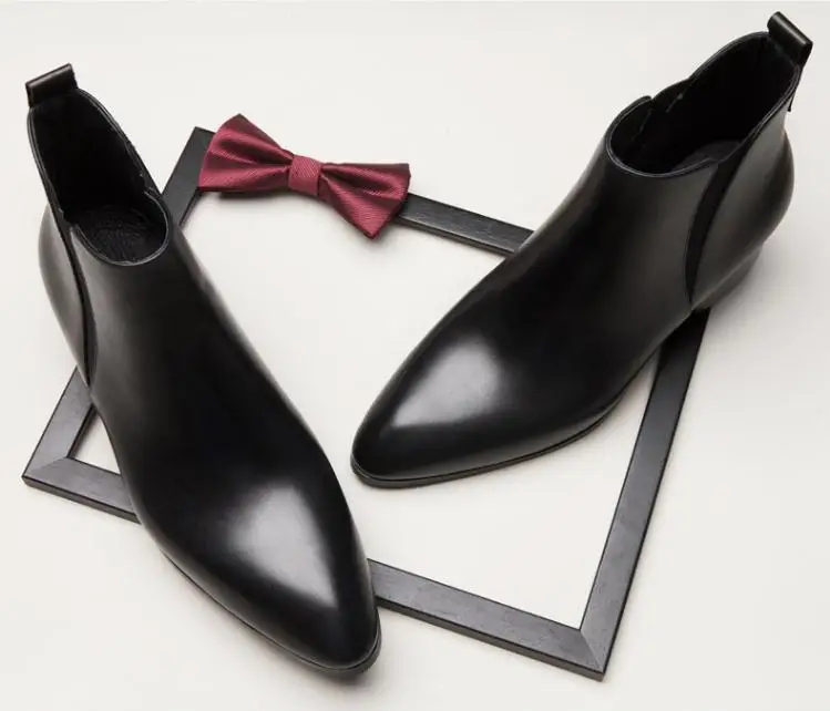 ВЕСНА Новинка осени мужские натуральная кожа ботинки челси 5 см Обувь на высоком каблуке с острым носком черный торжественное платье обувь