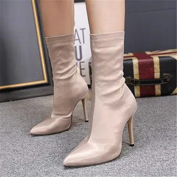 

High Stiletto Heels Boots Women Sexy Pointy Toe Stocking Sock Shoes Pumps Boots Mid Calf Spring Autumn Booties black blue beige
