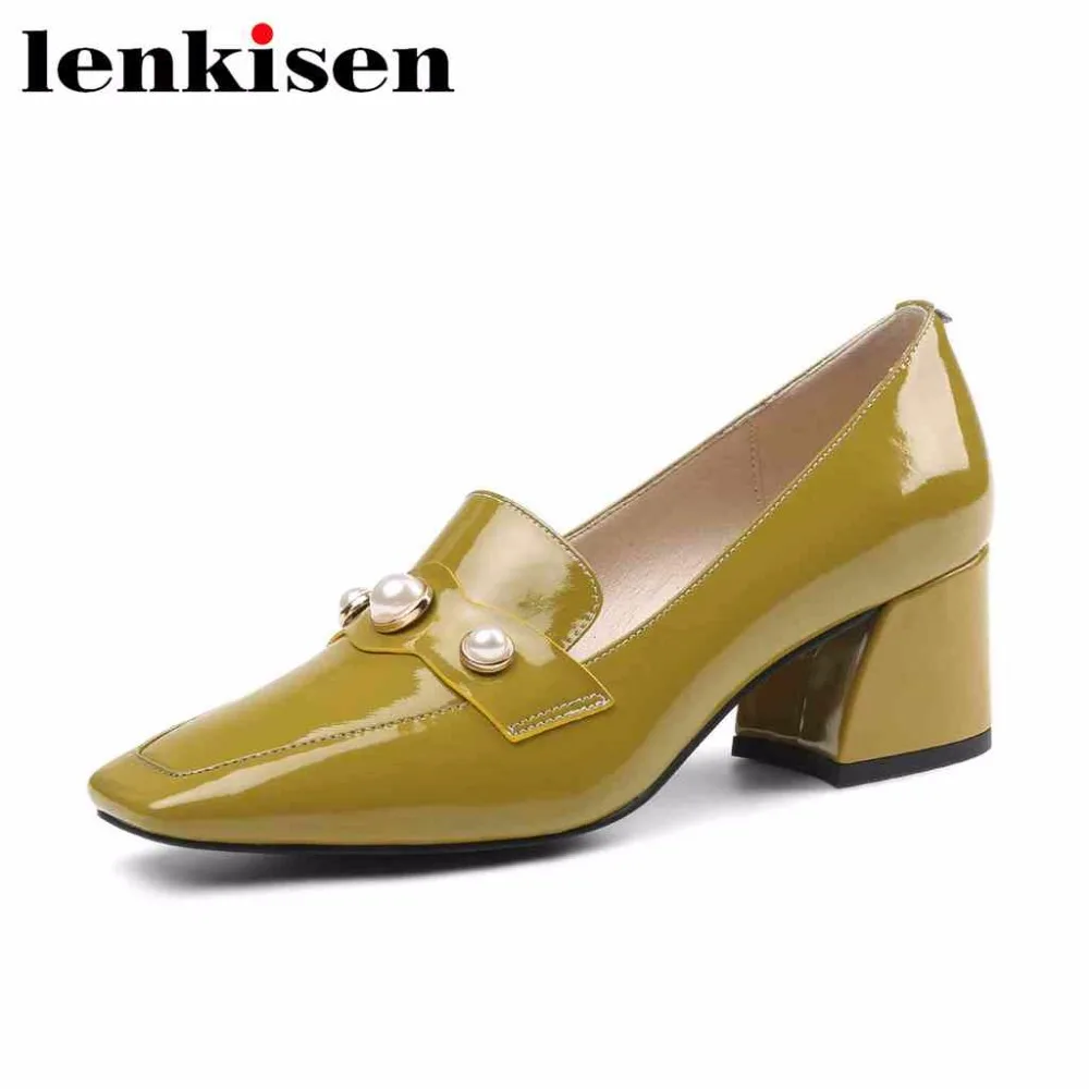 

Lenkisen plus size cuts-on natural leather square toe slip on pearls brand autumn thick med heels women art design pumps L5f2