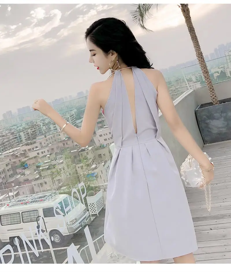 Halter Backless Sexy Women Dress Elegant Pearl Chain V Neck Sleeveless Evening Party Club Summer Dress Vestidos Female