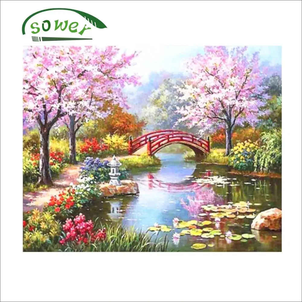 

SOWER Cherry Blossoms Painting By Numbers Landscape DIY Digital Unique Gift Acrylic Picture Hand Painted Oil Painting 40x50