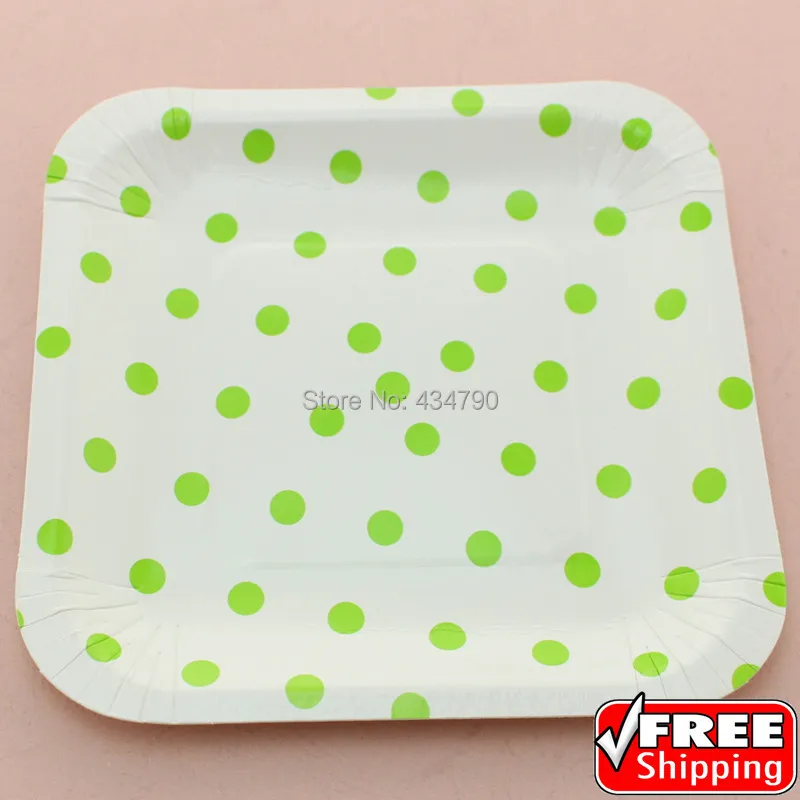 60pcs 7" Square Elegant Paper Plates Green Polka Dot,Party Decorations
