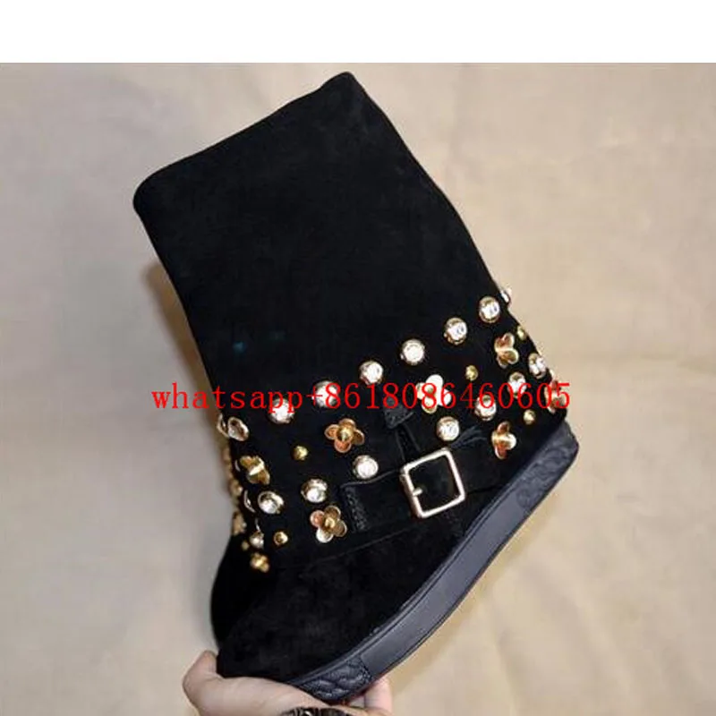 

Zapatos Mujer Flower Hidden Wedge Fold Knee High Boots Suede Motorcycle Booties High Heels Shoes Woman Winter Autumn Furry Boots
