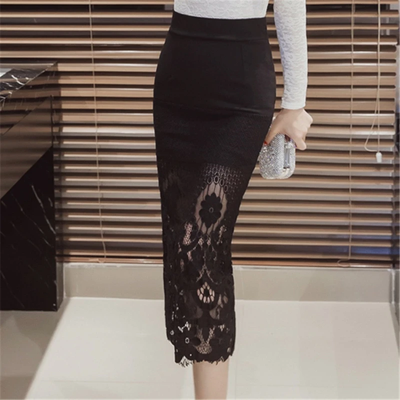 

S-5XL Women Pencil Skirt Plus Size 2017 Fashion Mid-Calf Long Lace Patchwork Skirt Lady Stretch Elegant Back Open Split Skirt
