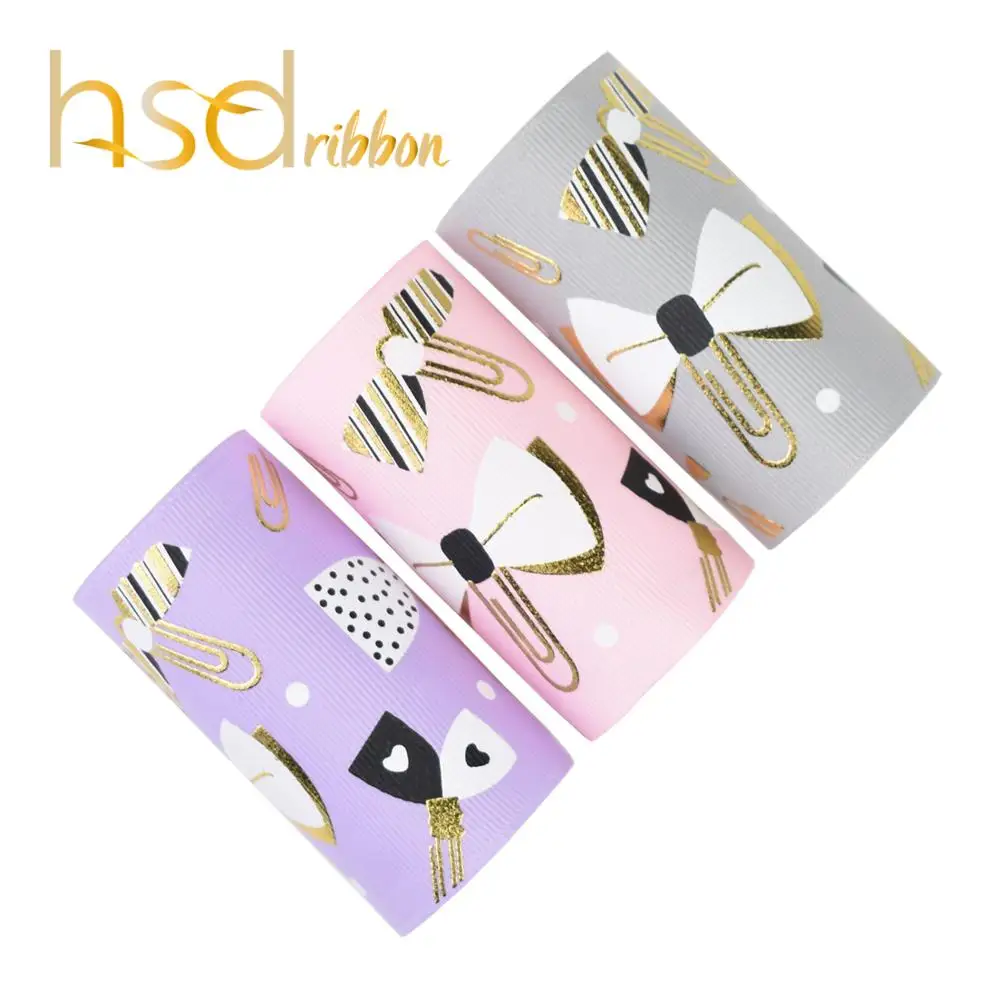 

HSDRibbon 75MM 3 inch Designer custom little clip ink with gold Foil Printed on Grosgrain Ribbon