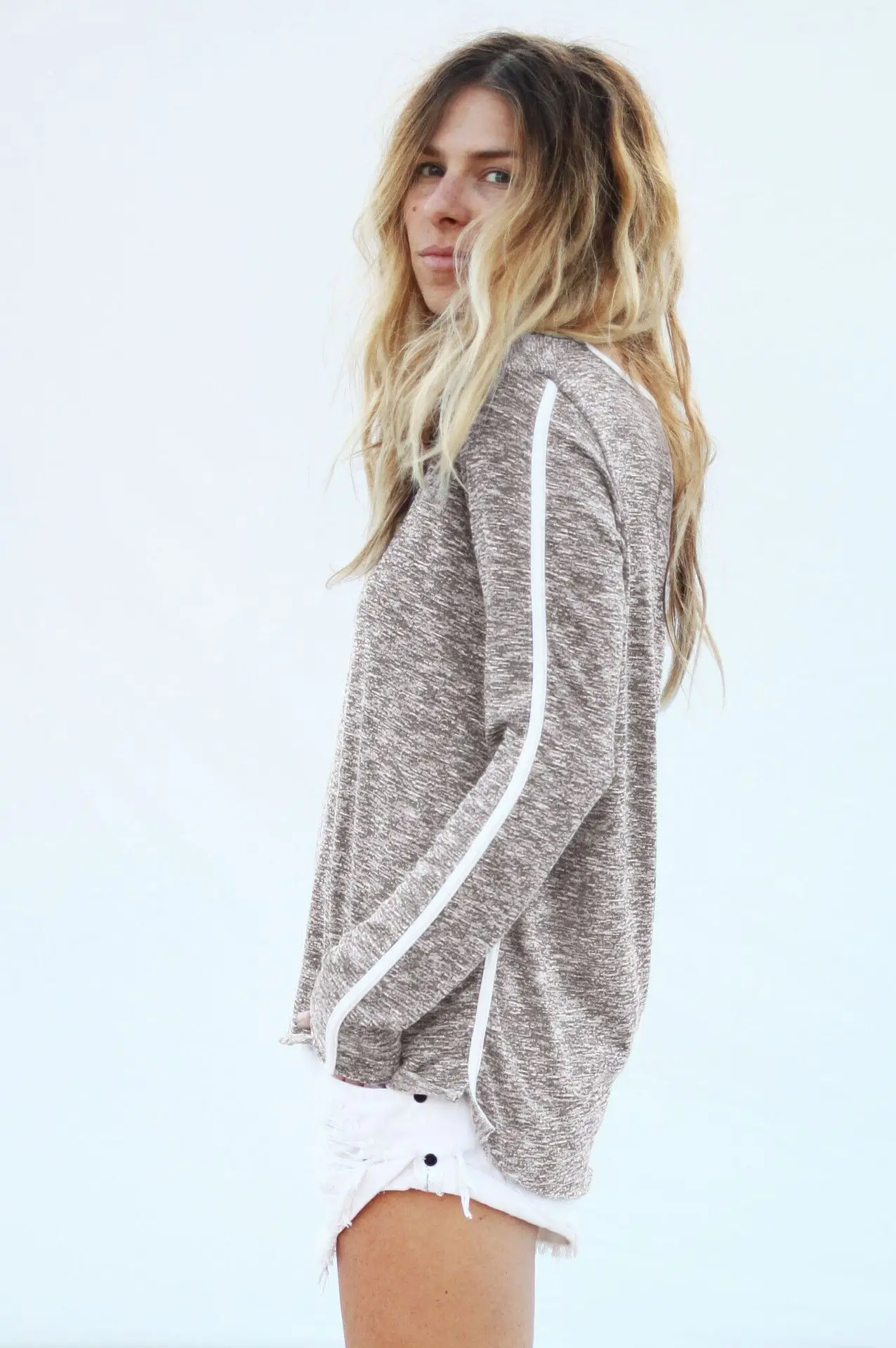 

Solid color set head casual female coat, loose O-Neck T-shirt Long Sleeve