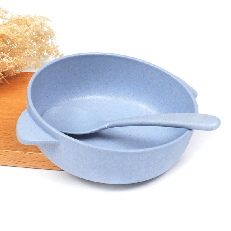 2 шт./компл. детские пищевые тарелки для кормления столовая посуда набор ложка из пшеничной соломы миска сплошной цвет Экологичная детская посуда MBG0349 - Цвет: Blue
