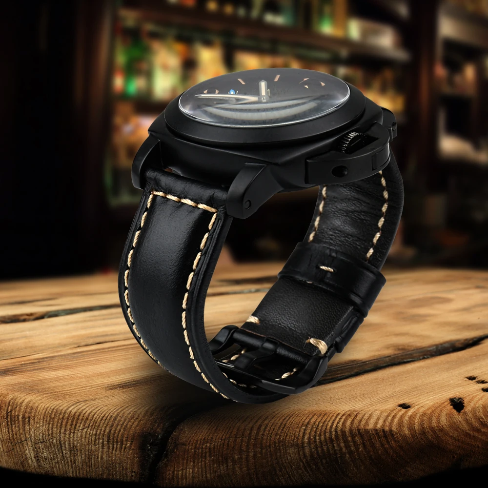 MAIKES Handmade Quality Cow Leather Watch Strap 22mm 24mm 26mm Watchbands Watch Bracelet Balck Watch Accessories For Panerai