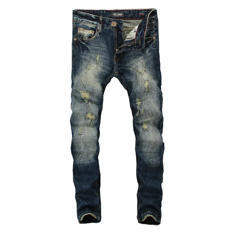 Высокое качество темно-синий Принт рваные джинсы мужские оригинальные брендовые джинсы Masculino джинсовые брюки мужские мото байкерские