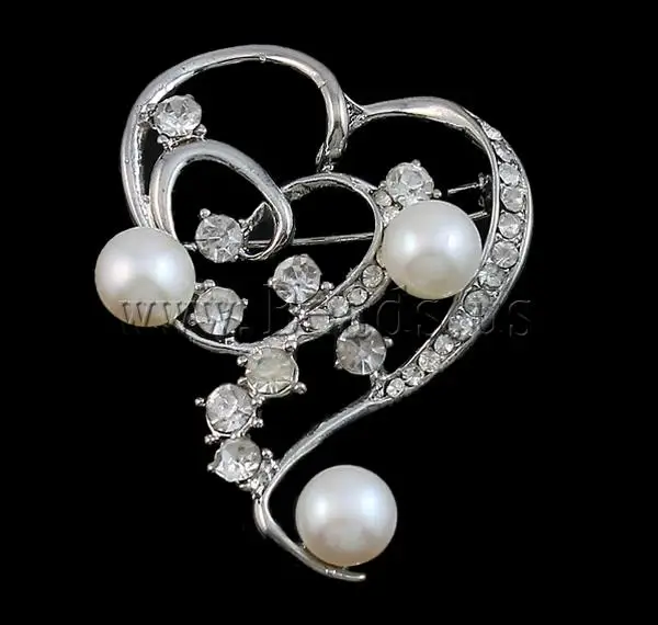 Free shipping!!!Rhinestone Brooch Jewellery with Freshwater Pearl &amp Brass Heart rhinestone silver 33x45x15mm 8-9mm |