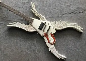 

top quality QShelly custom white carving angel wings ash body 6 strings single black pickup 22 frets electric guitar