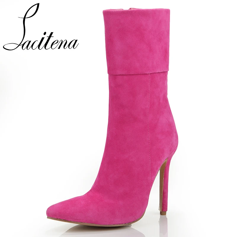 

Rose Red Velvet Zipper Pointed Toe Ankle Boots Women Pink Party Boots