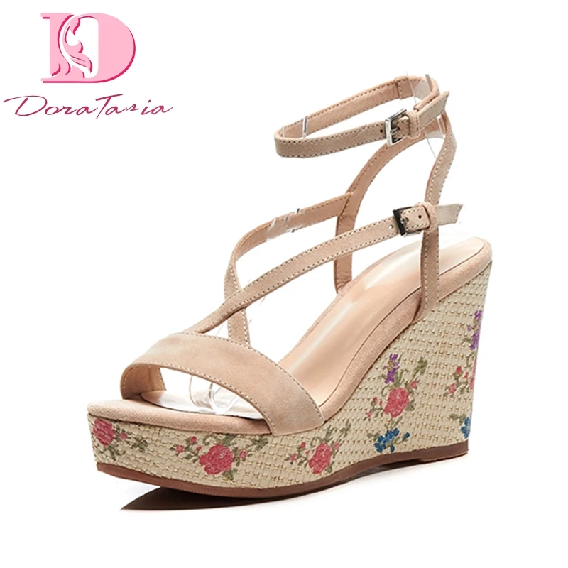 

Doratasia Brand New Kid Suede Genuine Leather Cross Strap Women Shoes Eanbroider Platform Party Summer Sandals Women