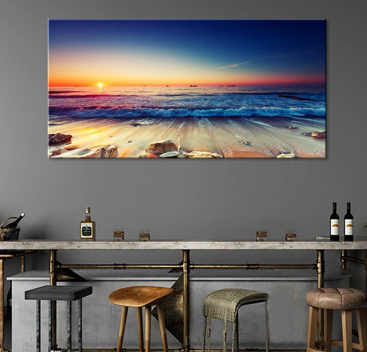 1 Panels Sunset Beach Wall Art Canvas Sea Wave Seascape Picture Art Prints Ocean Canvas Painting for Living Room Wall Decor Gift