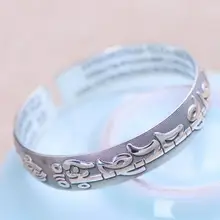 Vintage 999 Pure Silver Opening Mantra Cuff Bracelets For Women And Men Six Words The Vajra Sutra Buddhist Fine Jewelry