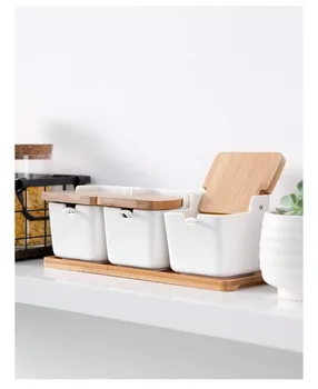 

1SET Household Ceramic Japanese Bamboo Can Seasoning Bottle Jar Set Kitchen Spice Salt Pepper Tank with Bamboo Frame JO 1076