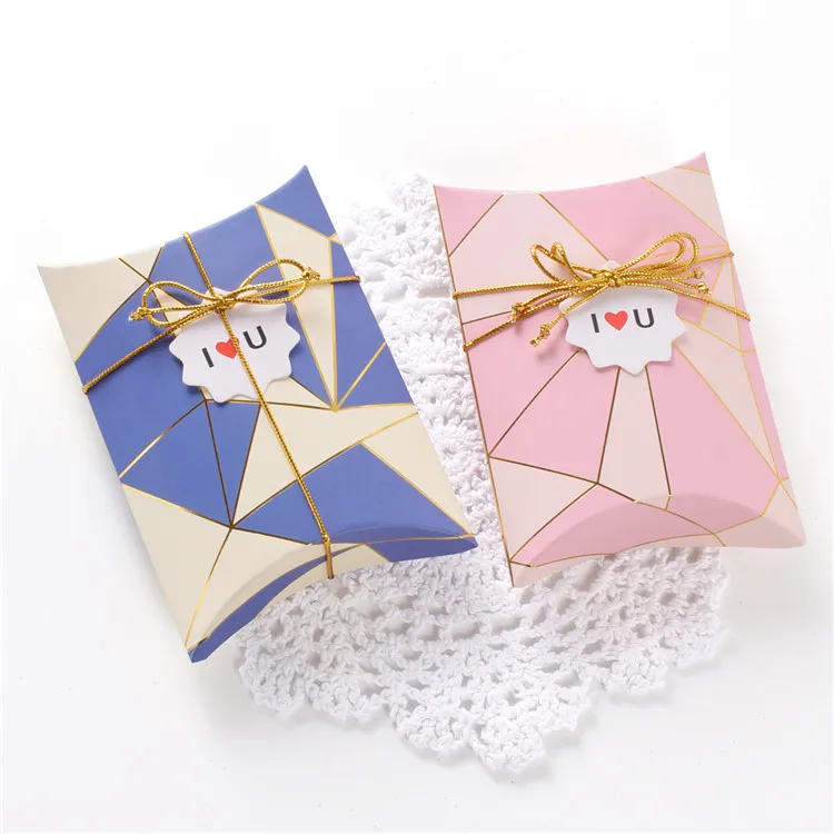 

100 X Blue/Pink Bronzing Pattern Pillow Box Mini Candy Box For Wedding Birthday Festival Decorations 14x10x2.8cm