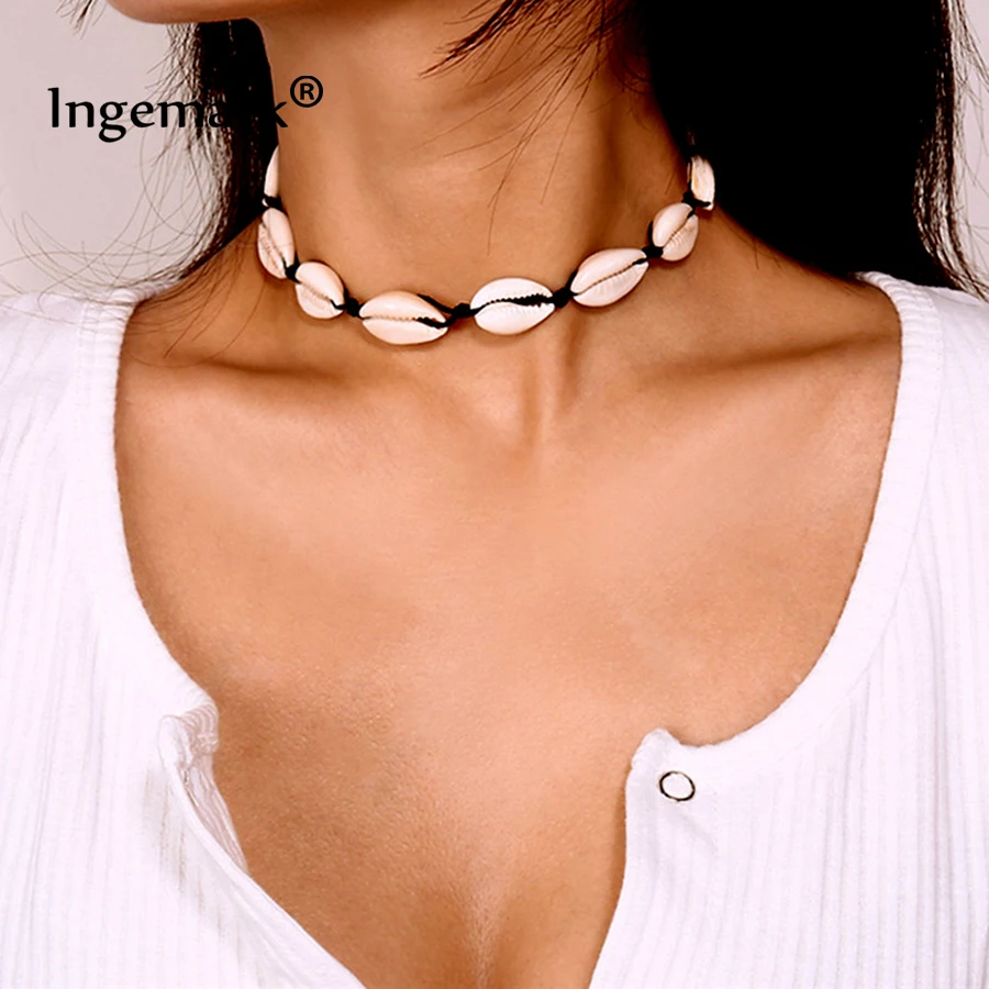 

Ingemark Boho Shell Choker Necklace Women Natural Summer Beach Shell Colorful Cotton Wax Line Simple Necklace Jewelry for Girls