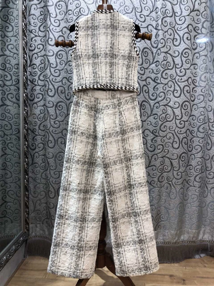 LXUNYI New Autumn 2 Piece Set Tweed Pants Suit Women Short Vest Top And Wide Leg Pants Female Set High Waist Woman 2 Piece