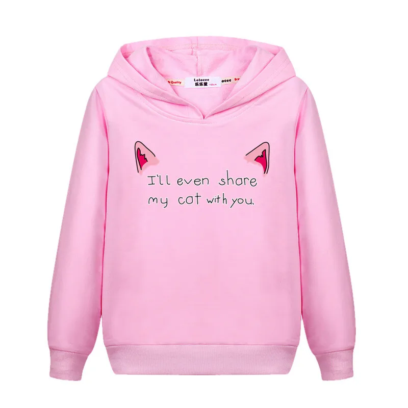 Толстовка с рисунком кота и ушками; повседневные пуловеры с длинными рукавами для девочек; милый свитер для детей; толстовки с капюшоном для животных